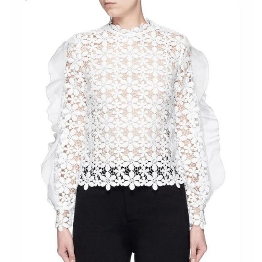 Self-Portrait White Sheer Floral Lace Ruffled Puff Sleeve Blouse Women's Size 8